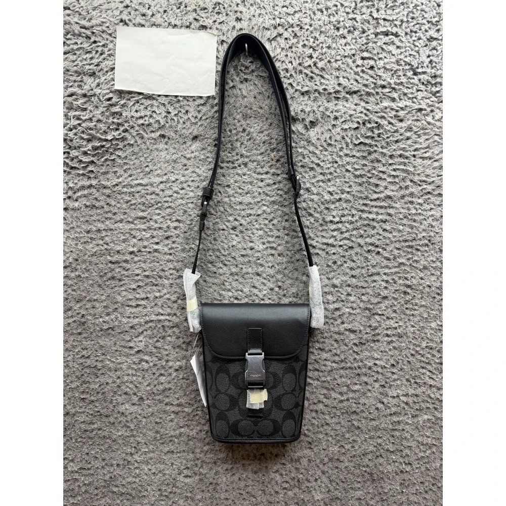 NWD Coach Track Small Flap Crossbody Bag Signature Coated Canvas Charcoal Black